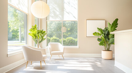 Fototapeta premium Elegant waiting area with white chairs and large windows for ample sunlight