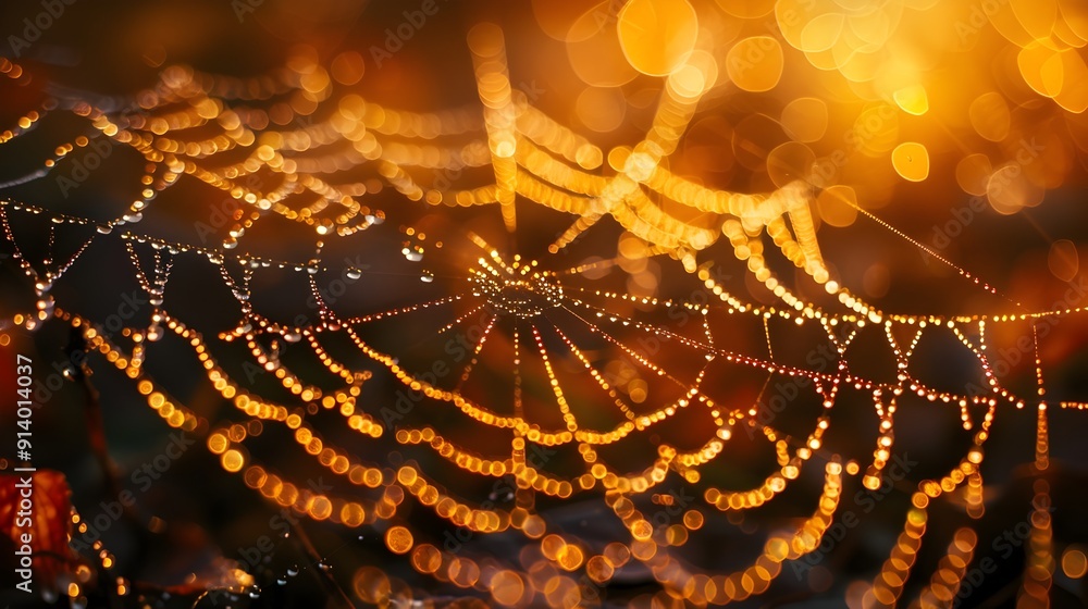 Poster Radiant Dew Covered Spider Web in Morning Light Intricate Details Macro Shot