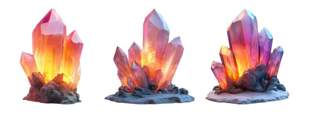 Crystal Clusters Isolated on Transparent Background in Vibrant Colors