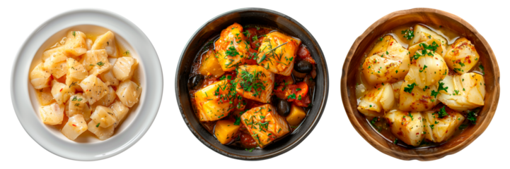 Cod in vizcaina sauce isolated on white or transparent background. Close-up of Cod in vizcaina sauce in a wooden plate. Traditional spanish dish. Side view.