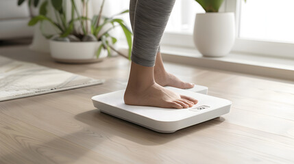 Woman standing on a smart scale while checking her weight and body mass index.