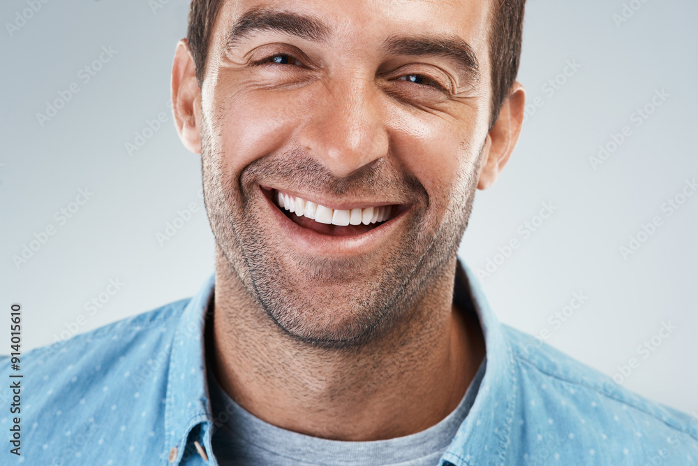 Wall mural Smile, dentistry and portrait of man in studio with teeth cleaning for dental hygiene routine. Happy, oral care and face of person with mouth treatment for gum disease prevention by white background