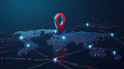 Abstract 3D rendering of the world with a red pin, representing global connectivity.
