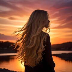 A silhouette of a person with long blonde hair against a vibrant sunset, emphasizing the flowing locks and warm colors of the sky