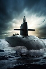 Heavy atomic submarine floating in ocean. Excellent aerials over a submarine at sea.