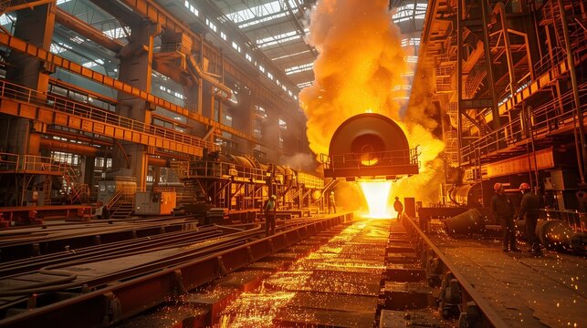 Production process at a steel plant. Work in the foundry. The process of work at a metallurgical plant. Metallurgists. Blast furnace. Melting metal. Domna. Conveyor. 