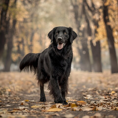 Portrait of a black coated retriever is walking.