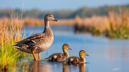 Fototapeta premium A mother duck and her ducklings bask in the golden light of sunrise, reflecting the beauty of nature's moments.