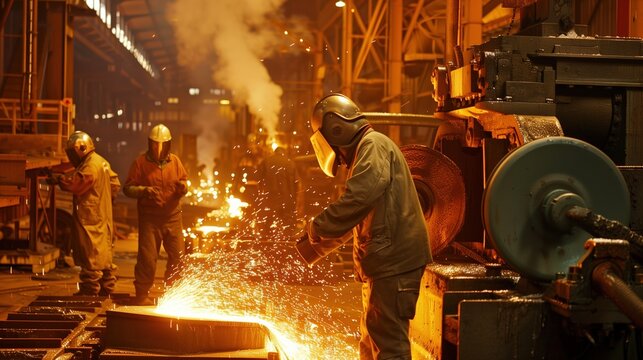 Production process at a steel plant. Work in the foundry. The process of work at a metallurgical plant. Metallurgists. Blast furnace. Melting metal. Domna. Conveyor. 