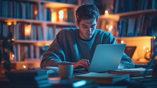 A cozy and focused scene of a young programmer working at a desk, typing code on a laptop, a cup of coffee next to the laptop, the room softly lit and filled with books and notes, a sense of