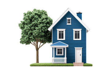 Fototapeta premium Blue House with Green Tree and White Fence