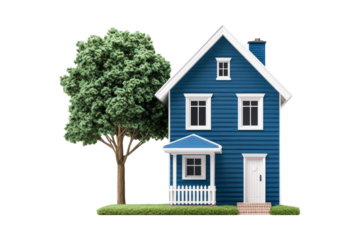 Blue House with Green Tree and White Fence