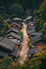 Fototapeta premium Artistic aerial view of a beautiful traditional japanese village. 