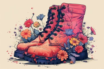 Creative illustration of red combat boots surrounded by blooming flowers, symbolizing resilience and growth.