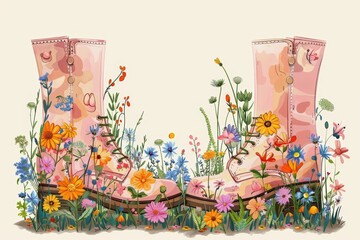 Creative illustration of red combat boots surrounded by blooming flowers, symbolizing resilience and growth.