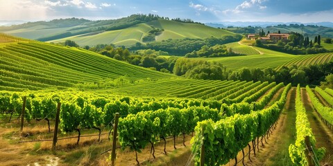 Fototapeta premium Sunset over vineyards, A picturesque vineyard landscape, symbolizing agriculture and wine production, with copyspace