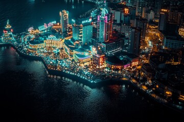 Naklejka premium Artistic aerial view of a bustling coastal city at night, where neon signs and lit-up buildings reflect off the dark water. 