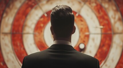 A man in a suit stands with his back to the camera, gazing at a dartboard behind him.