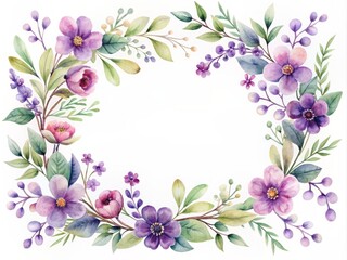 Fototapeta premium Delicate watercolor purple flowers and leaves adorn a whimsical frame, perfect for adding an artistic touch to your designs, invitations, or social media posts.