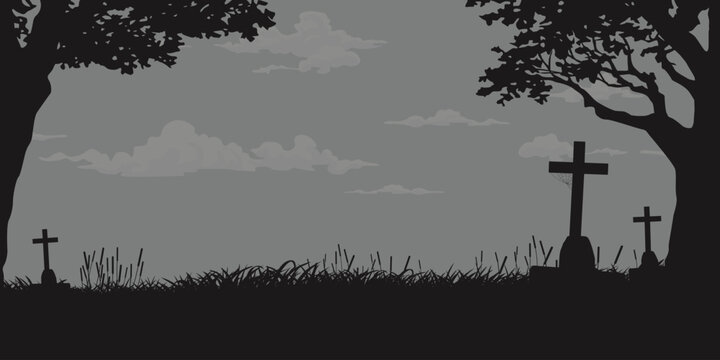 Graveyard silhouetted frame monochromatic colors flat design graphic illustration have blank space.