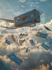 Vintage Blue Leather Luggage Floating Above Scattered Airline Tickets as Jet Plane Takes Off