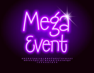 Vector neon logo Mega Event. Violet Glowing Font. Modern Alphabet Letters and Numbers set.