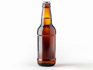 Freshly Brewed Amber Beverage in Clear Glass Bottle With Droplets on a White Background