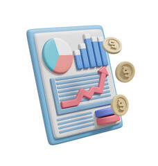 3D illustration showing an icon of a business document showing graphs and statistics alongside a dollar coin. Symbol of integration of data analysis with financial results isolated on a transparent ba