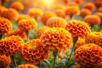 Vibrant orange marigold flowers arranged in a grid pattern, showcasing intricate details of petals and stamens, against a soft, blurred background with warm midday sunlight.