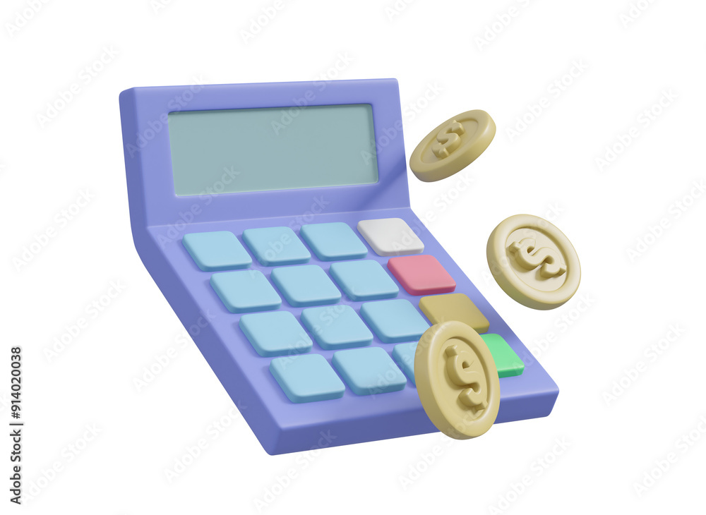 Poster 3d illustration showing an icon of a calculator and a dollar coin. which symbolizes financial calcul