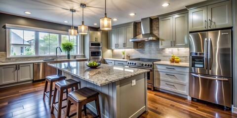 Modernized kitchen with sleek new cabinets, granite countertops, and stainless steel appliances, showcasing a stunning home renovation transformation in a Detroit, Michigan residence.
