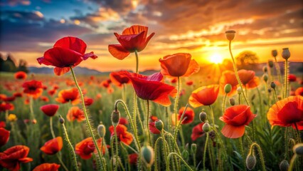 Fototapeta premium Vibrant red poppy flowers sway gently in a serene sunset-lit field, surrounded by lush greenery and warm golden hues, evoking a sense of peaceful tranquility.
