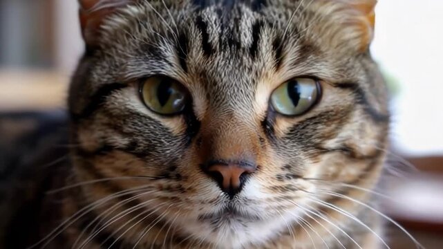 A close up portrait of a cat with striking green eyes and detailed fur patterns