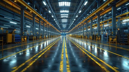 Obraz premium Empty Industrial Factory with Yellow Lines on Floor