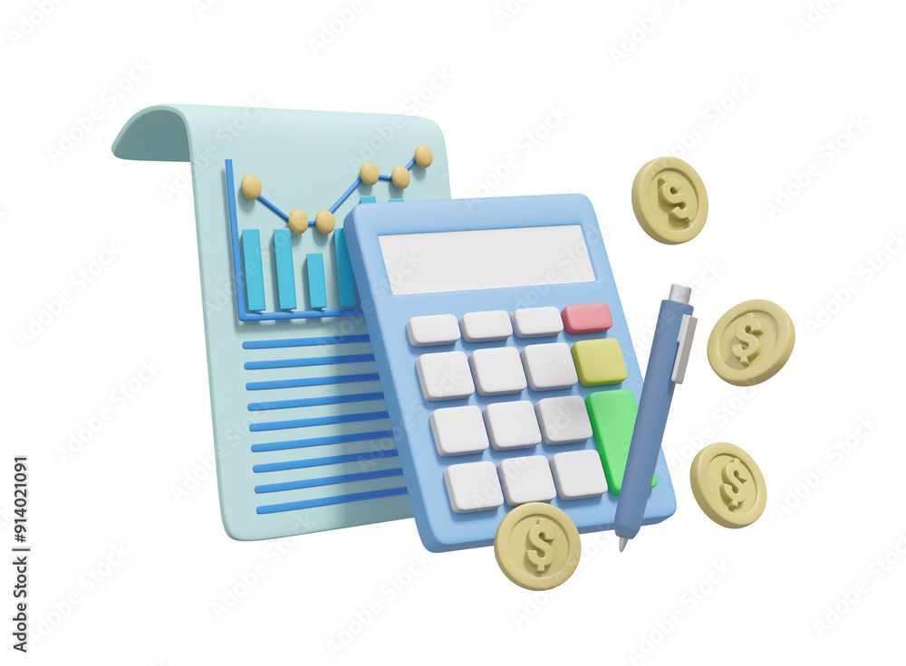 Aufkleber 3d illustration with dollar coin calculator icon document with graph and pen comprehensive elements 