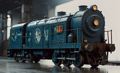 Fototapeta premium Toy vintage steam locomotive on the floor under a decorated Christmas tree on a background of bokeh lights garland. Christmas and New year celebration concept