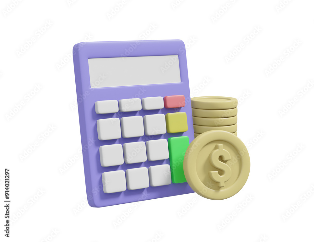 Poster 3d illustration showing an icon of a calculator and a dollar coin. which symbolizes financial calcul