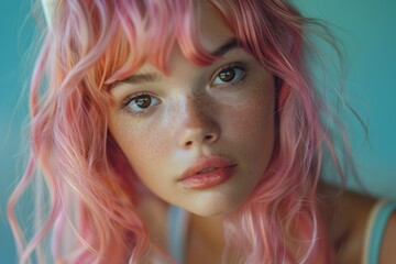 Fototapeta premium Close-up portrait of a woman with intense blue eyes and vibrant pink hair, highlighting her freckles and natural beauty in a soft focus shot.