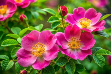 Obraz premium Vibrant pink rosehip flowers in full bloom, delicate petals and golden anthers on display, surrounding lush green foliage, perfect for creative designs and ads.