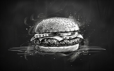 Generative AI of Dynamic Chalk Burger Drawing Concept for Fast Food Marketing, Restaurant Menu Design, and Artistic Culinary Presentations