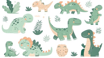 Obraz premium Colorful Cartoon Dinosaur Animals with Tropical Foliage Background