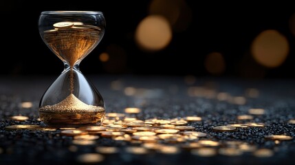 An elegant hourglass filled with golden coins, symbolizing time and wealth in a dark, atmospheric setting.