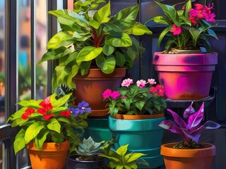 A collection of vibrant plants growing in containers on a small urban balcony.