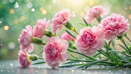 Delicate pink carnations adorned with lush greenery and subtle water droplets, set against a soft, dreamy background with gentle brushstroke textures.