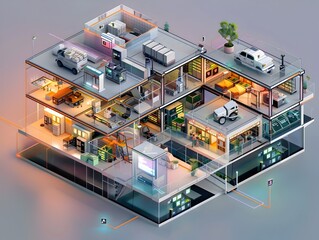 Detailed 3D Cutaway Isometric of Delivery Service Headquarters with Technical Diagrams and Color Coded Zones