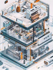 Detailed Isometric 3D Cutaway View of a Generative Rendered Delivery Service Headquarters