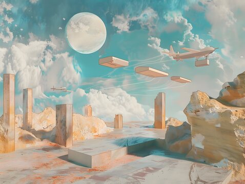 Surreal Dreamscape with Levitating Packages and Ethereal Delivery Drones in Pastel Tones