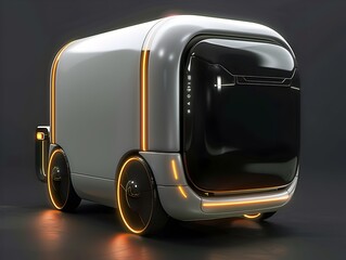 Stylized 3D Rendered Delivery Service Robot with Metallic Finish and Futuristic Bauhaus Inspired Design