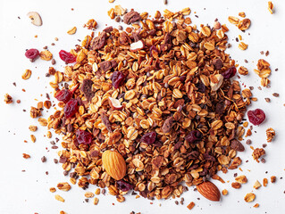 A Colorful Mixture of Gourmet Granola With Nuts and Dried Fruits on White Background