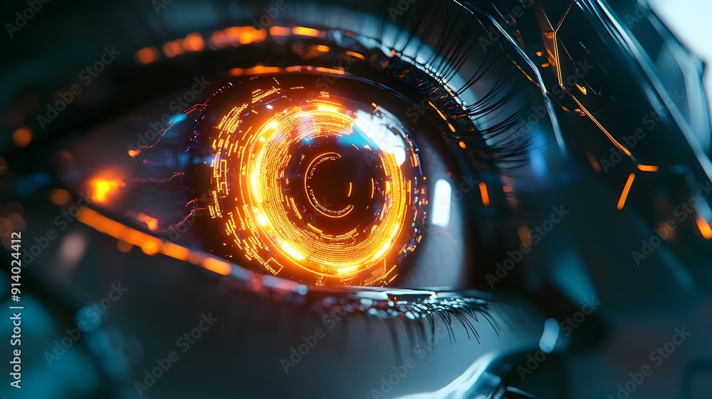 Poster close-up view of illuminated robotic eye with cybernetic futuristic technology